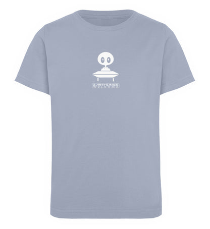 Serene Blue farbiges Kinder T-Shirt für Mädchen und Jungen bedruckt mit dem Design der Roger Rockawoo Kollektion Community Ufo alien earthlings welcome