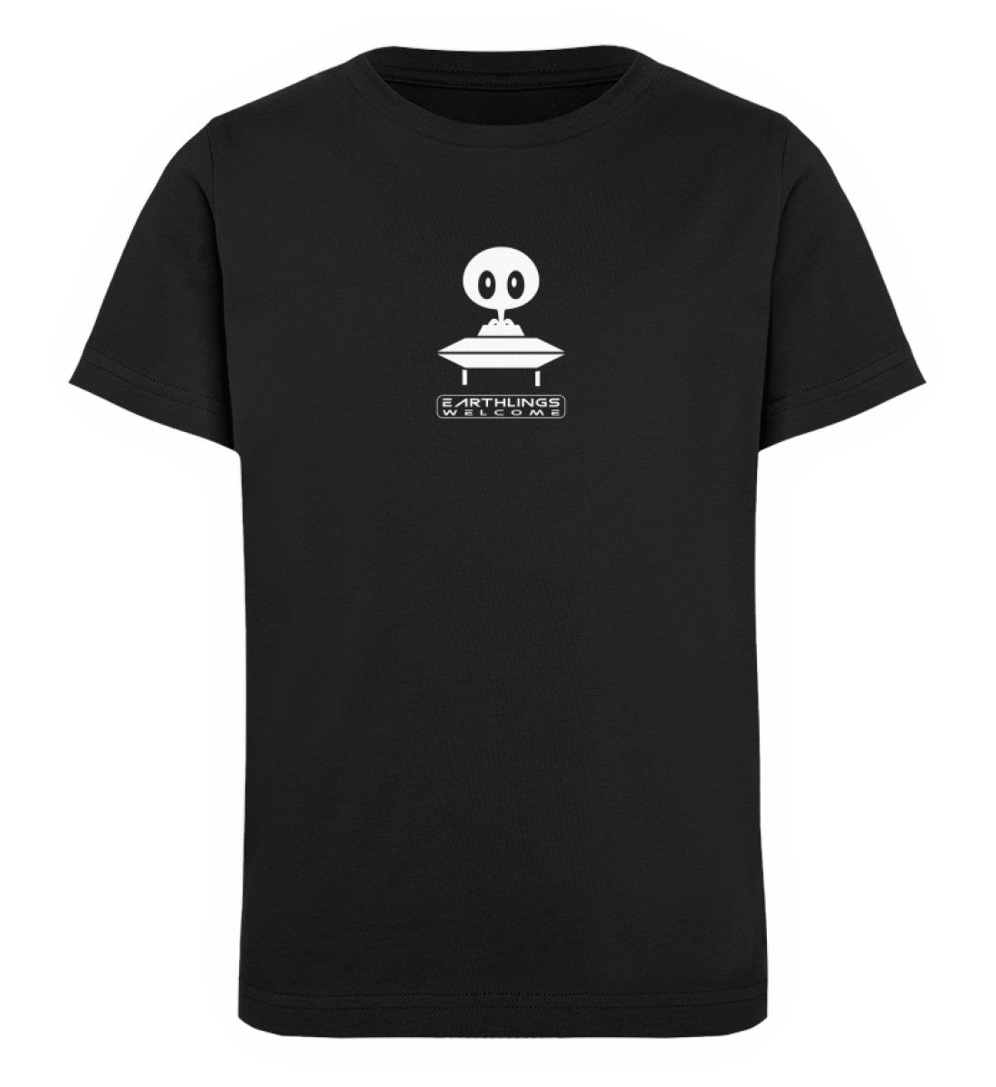 Schwarzes Kinder T-Shirt für Mädchen und Jungen bedruckt mit dem Design der Roger Rockawoo Kollektion Community Ufo alien earthlings welcome