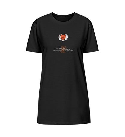 Schwarzes T-Shirt Kleid bedruckt in weiß und orange mit dem Logo Schriftzug und Design der Basketball run and gun Kollektion von Roger Rockawoo Clothing