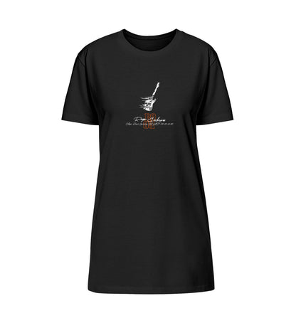 Schwarzes T-Shirt Kleid bedruckt in weiß und orange mit E-Gitarre und Logo Schriftzug der Guitar Major or Minor Kollektion von Roger Rockawoo Clothing