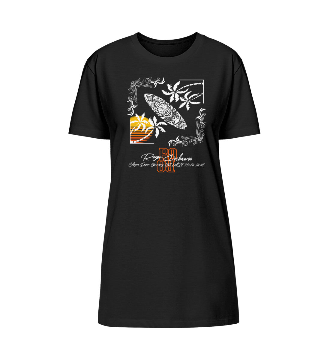 Schwarzes T-Shirt Kleid bedruckt in weiß und orange und gelb mit dem Surfbrett, untergehende Sonne und Palmen Design der Surf where wet dreams become true Kollektion von Roger Rockawoo Clothing