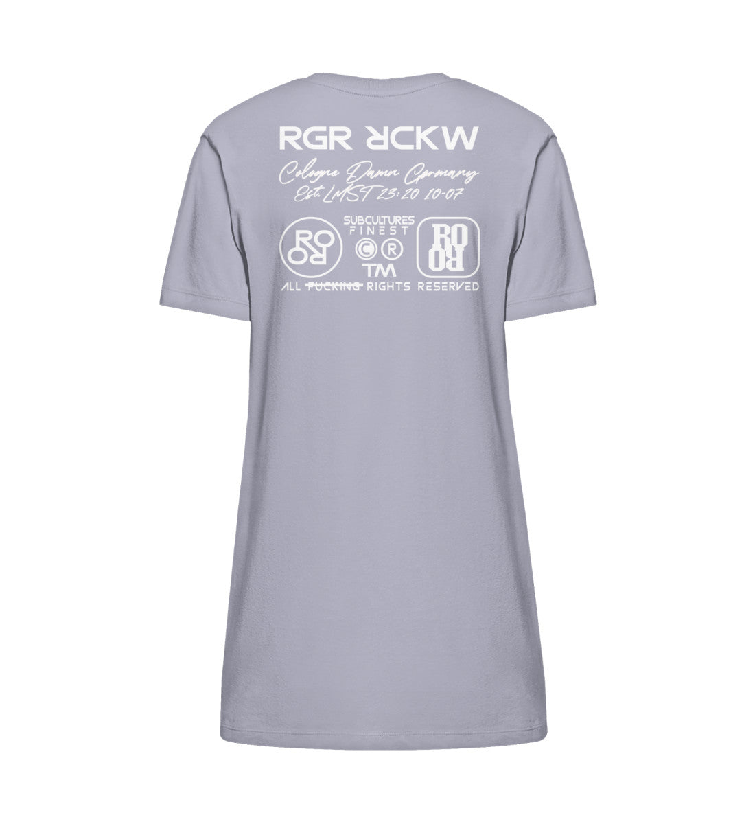 Lavender farbiges T-Shirt Kleid mit Design Druck der Roger Rockawoo Kollektion earthlings welcome