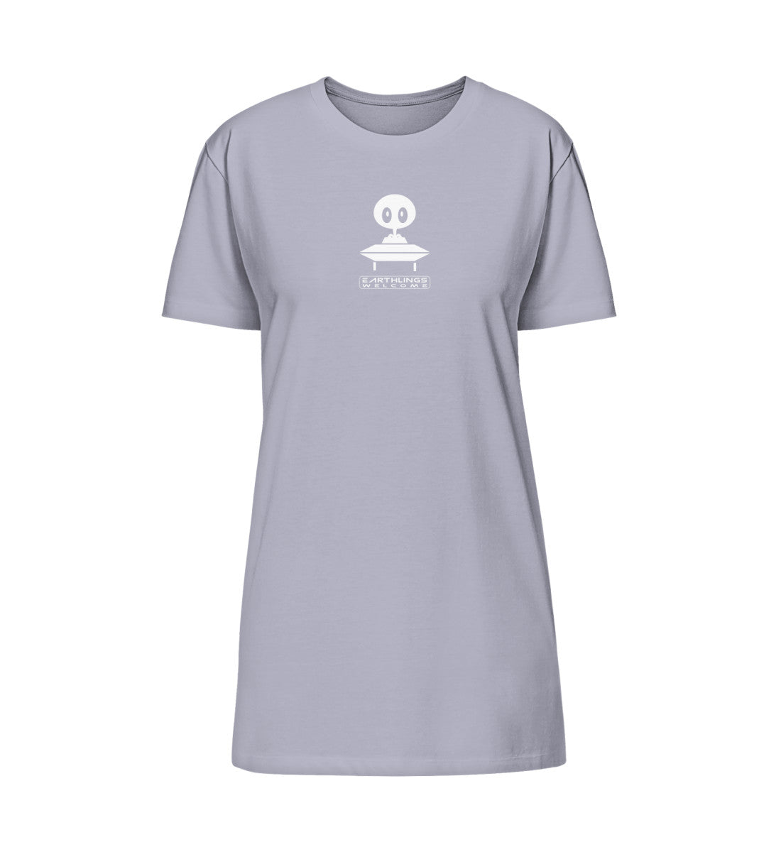 Lavender farbiges T-Shirt Kleid mit Design Druck der Roger Rockawoo Kollektion earthlings welcome