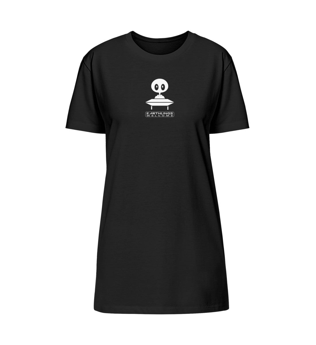 Schwarzes T-Shirt Kleid mit Design Druck der Roger Rockawoo Kollektion earthlings welcome