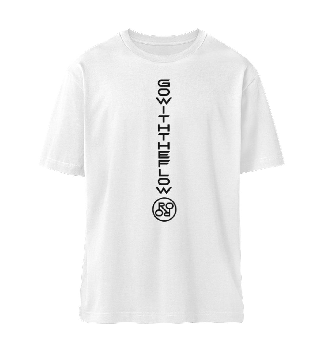 Weißes T-Shirt Unisex Relaxed Fit für Damen und Herren bedruckt mit dem Design der Roger Rockawoo Kollektion Mountainbike Go with the flow