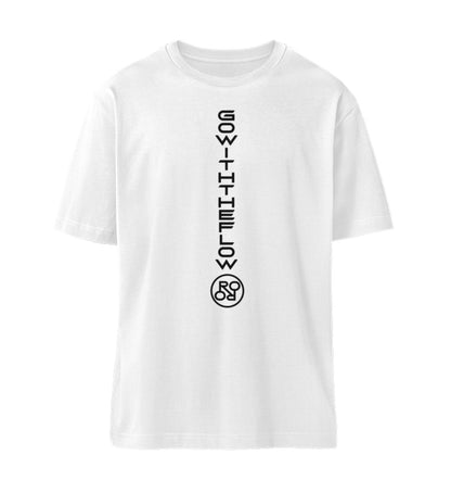 Weißes T-Shirt Unisex Relaxed Fit für Damen und Herren bedruckt mit dem Design der Roger Rockawoo Kollektion Mountainbike Go with the flow
