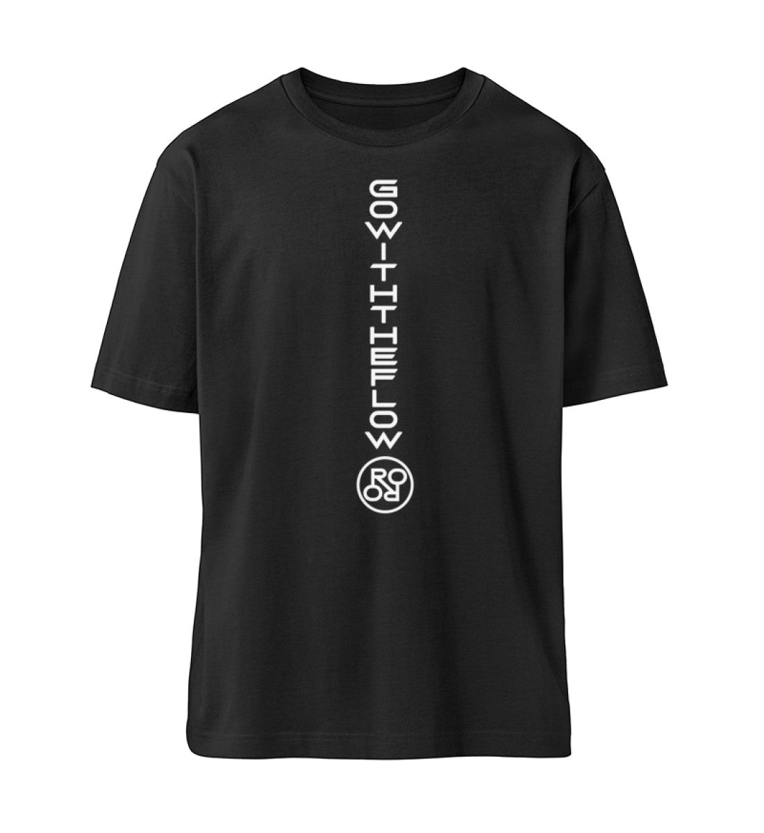 Schwarzes T-Shirt Unisex Relaxed Fit für Damen und Herren bedruckt mit dem Design der Roger Rockawoo Kollektion Mountainbike Go with the flow