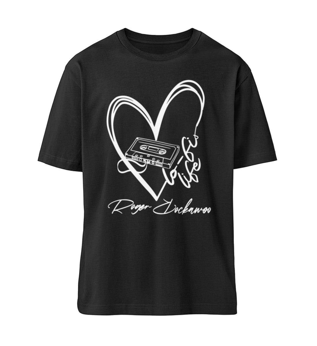 Schwarzes T-Shirt Unisex Relaxed Fit für Damen und Herren bedruckt mit dem Design der Roger Rockawoo Kollektion Musiker LoFi Life Audiotape