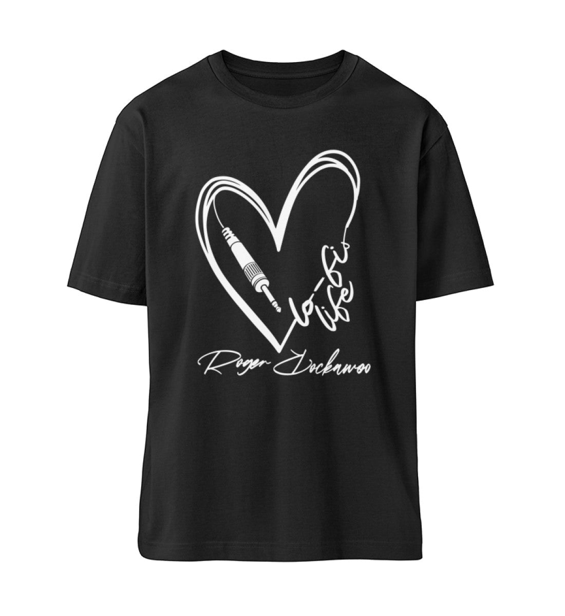 Schwarzes T-Shirt Unisex Relaxed Fit für Damen und Herren bedruckt mit dem Design der Roger Rockawoo Kollektion Musiker LoFi Life Guitar Plug