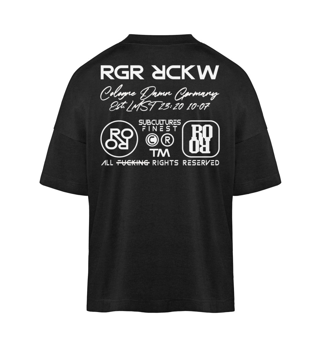 Schwarzes T-Shirt Unisex Oversize Fit für Frauen und Männer bedruckt mit dem Design der Roger Rockawoo Kollektion BMX Tiny