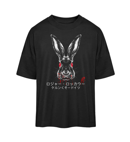 Schwarzes T-Shirt Unisex Oversize Fit für Frauen und Männer bedruckt mit dem Design der Roger Rockawoo Kollektion BMX Bunny Hop Osterhase