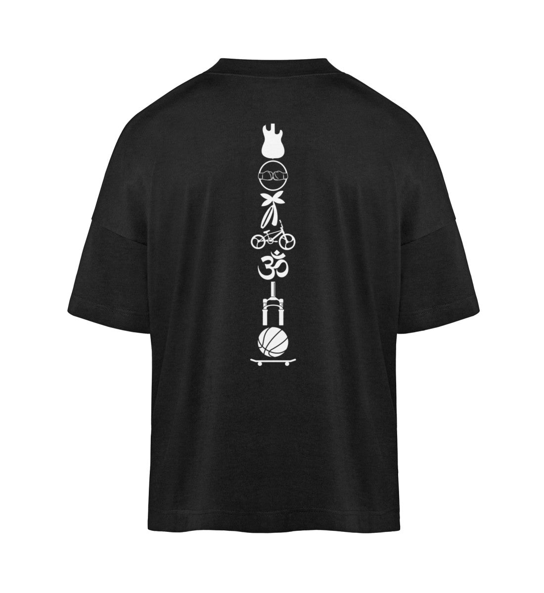Schwarzes T-Shirt Unisex Oversize Fit für Frauen und Männer bedruckt mit dem Design der Roger Rockawoo Kollektion Icons