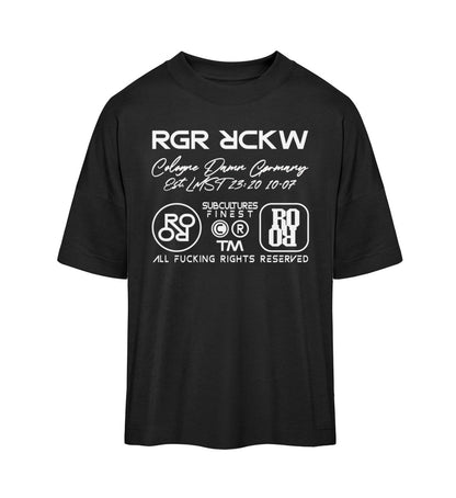 Schwarzes T-Shirt Unisex Oversize Fit für Frauen und Männer bedruckt mit dem Design der Roger Rockawoo Kollektion Icons
