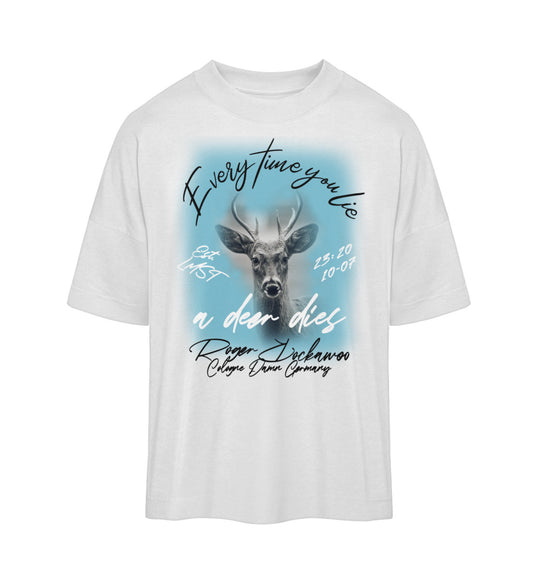 Weißes T-Shirt Unisex Oversize Fit für Frauen und Männer bedruckt mit dem Design der Roger Rockawoo Kollektion the deer