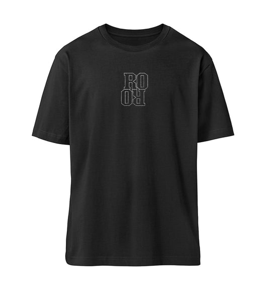 Schwarzes T-Shirt Unisex Relaxed Fit für Frauen und Männer bestickt mit dem Design der Roger Rockawoo Brand Kollektion