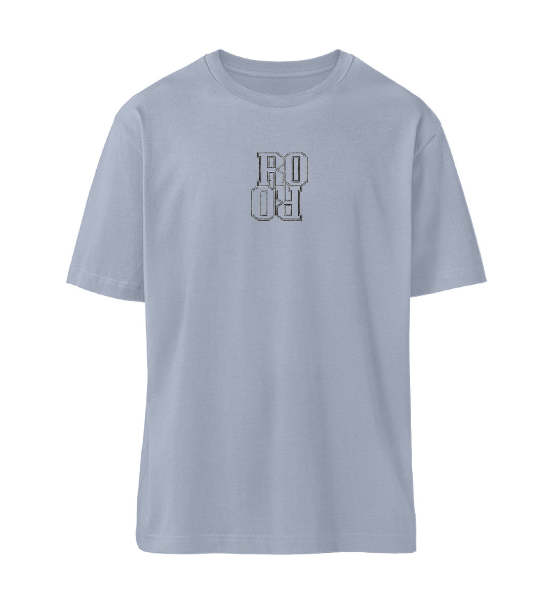 Serene Blue farbiges T-Shirt Unisex Relaxed Fit für Frauen und Männer bestickt mit dem Design der Roger Rockawoo Brand Kollektion