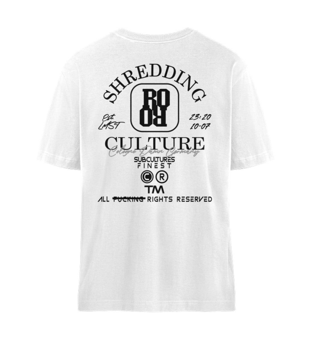 Weißes T-Shirt Unisex Relaxed Fit für Frauen und Männer bedruckt mit dem Design der Roger Rockawoo Kollektion Shredding Culture Community