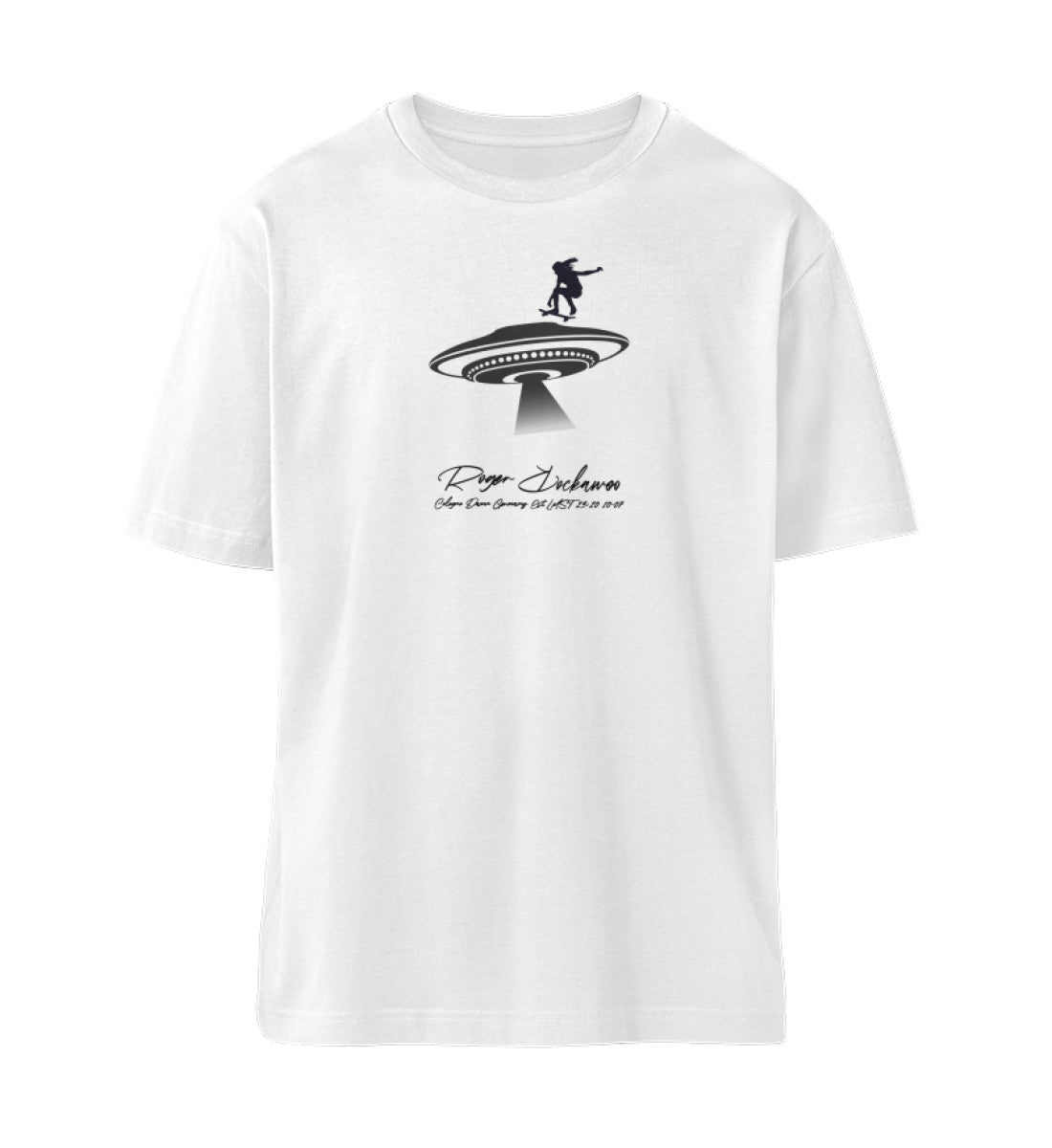 Weißes T-Shirt Unisex Relaxed Fit für Frauen und Männer bedruckt mit dem Design der Roger Rockawoo Kollektion Skateboard Ufo Ollie