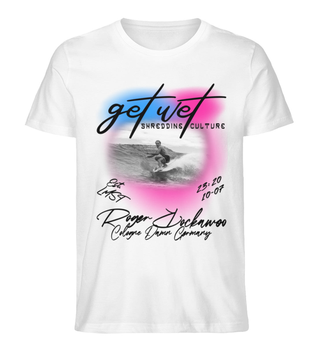 Weißes T-Shirt für Frauen und Männer bedruckt mit dem Design der Roger Rockawoo Kollektion Rockawoo surf get wet