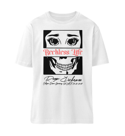 Weißes T-Shirt Unisex für Damen und Herren in schwarz bedruckt mit dem Design der Roger Rockawoo Kollektion Reckless Life Rocknroll never lies