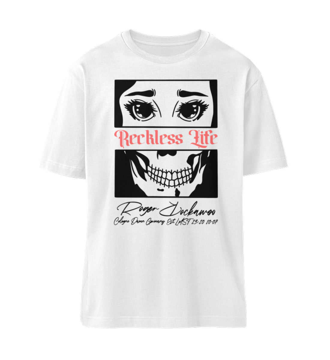 Weißes T-Shirt Unisex für Damen und Herren in schwarz bedruckt mit dem Design der Roger Rockawoo Kollektion Reckless Life Rocknroll never lies