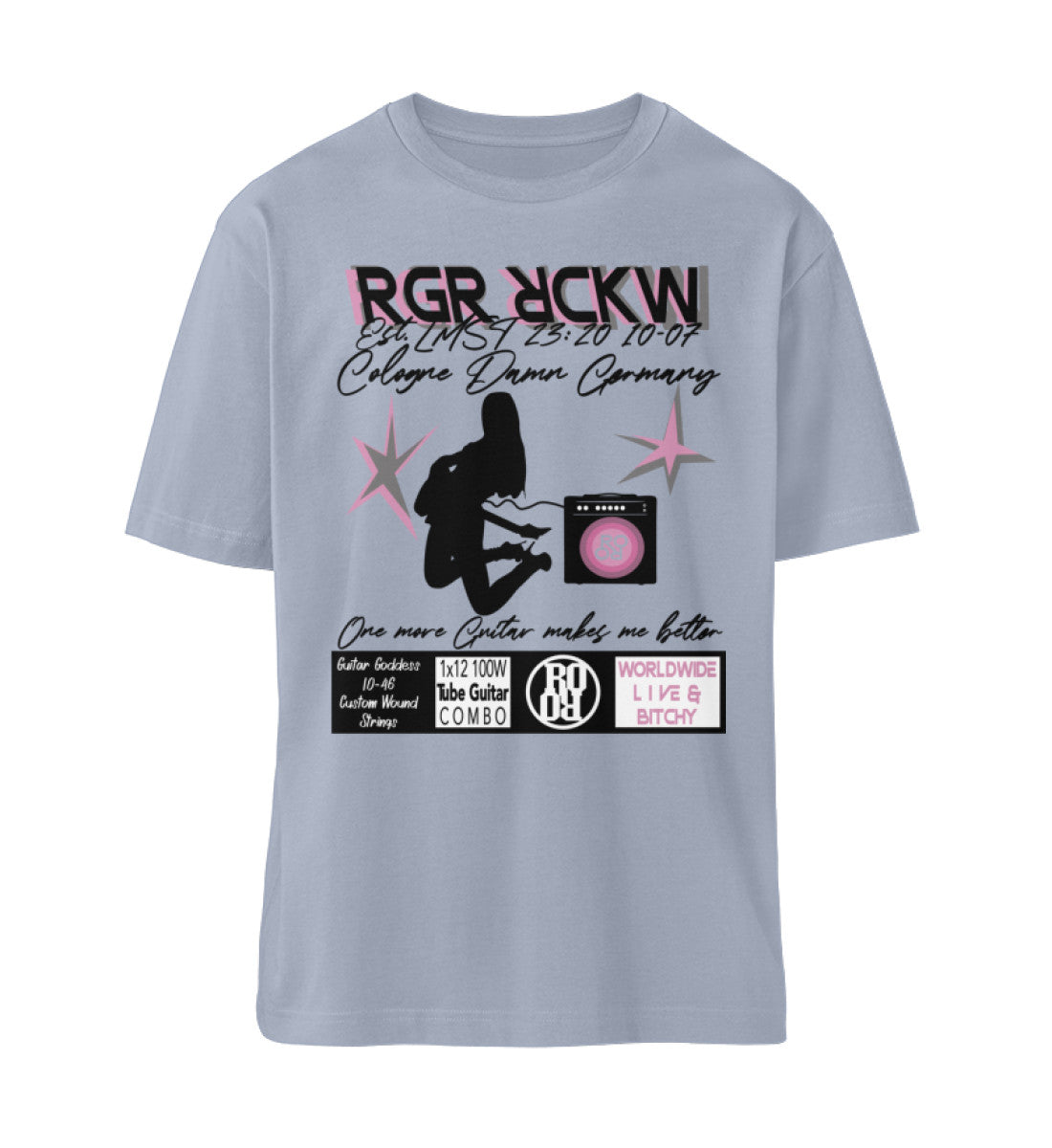 Serene Blue farbiges T-Shirt Unisex Relaxed Fit für Damen und Herren bedruckt mit dem Design der Roger Rockawoo Kollektion Rocknroll Weekend Guitar Goddess