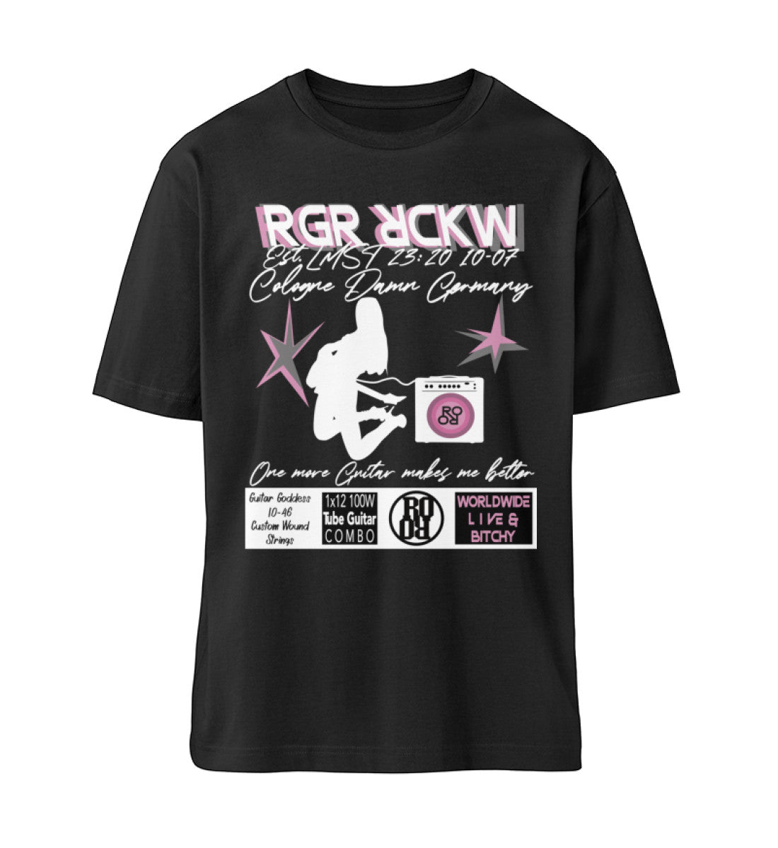 Schwarzes T-Shirt Unisex Relaxed Fit für Frauen und Männer bedruckt mit dem Design der Roger Rockawoo Kollektion Rocknroll Weekend Guitar Goddess