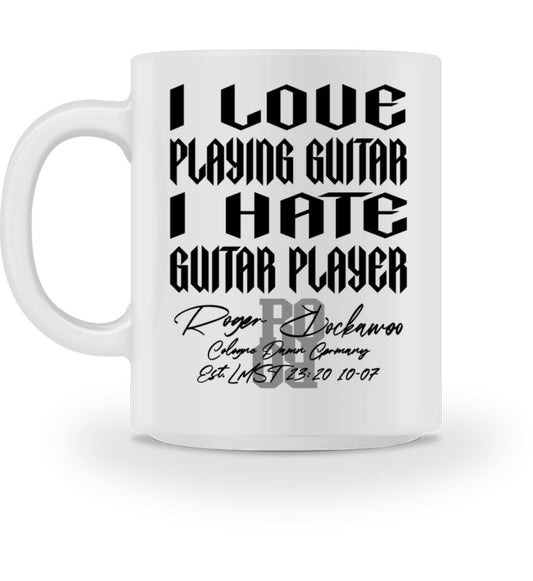 Tasse aus Keramik bedruckt mit dem Design der Guitar Love and Hate Collection im Roger Rockawoo Clothing Webshop Farbe weiss