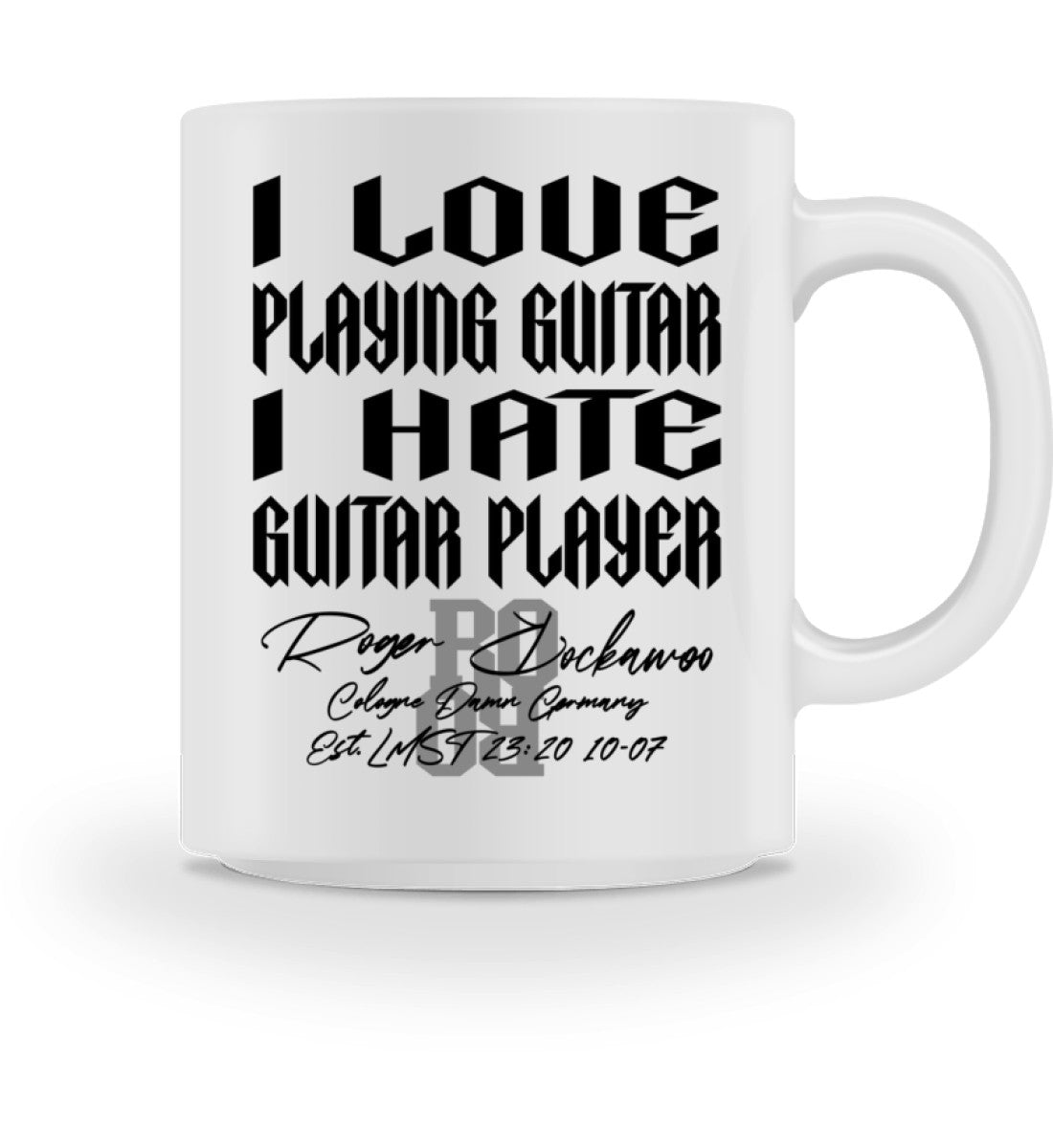 Tasse aus Keramik bedruckt mit dem Design der Guitar Love and Hate Collection im Roger Rockawoo Clothing Webshop Farbe weiss