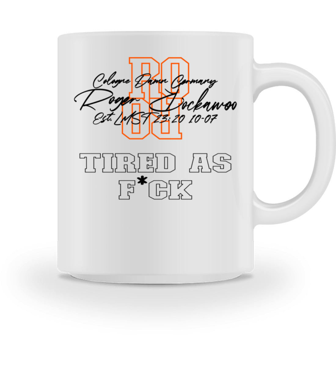 Weiße Tasse für Kaffee oder Tee schwarz und orange bedruckt mit Logo Schriftzug von Roger Rockawoo Clothing