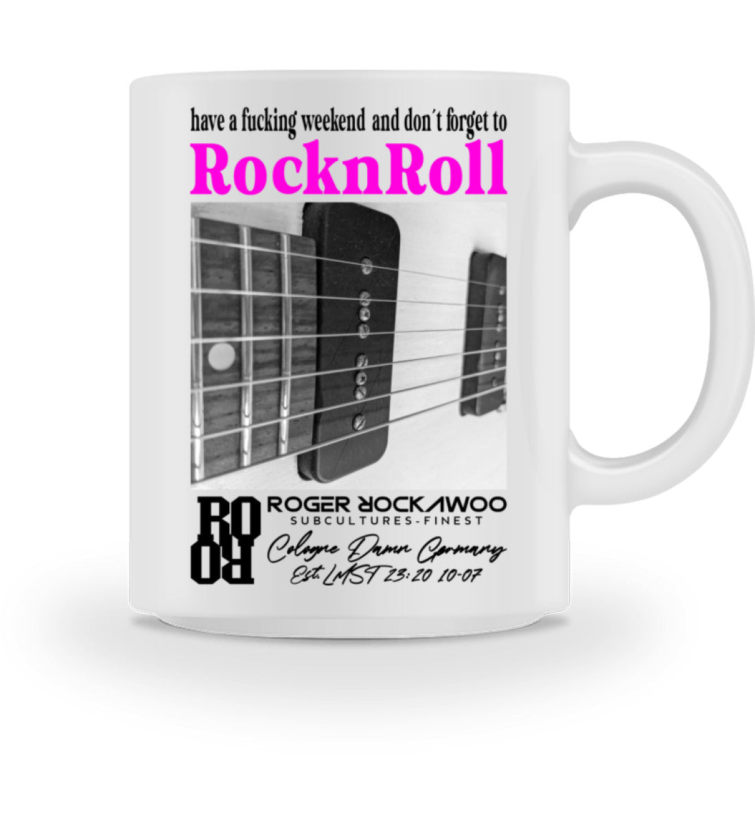 Keramiktasse bedruckt mit dem Design der Kollektion Rocknroll Weekend im Roger Rockawoo Clothing Webshop White-3